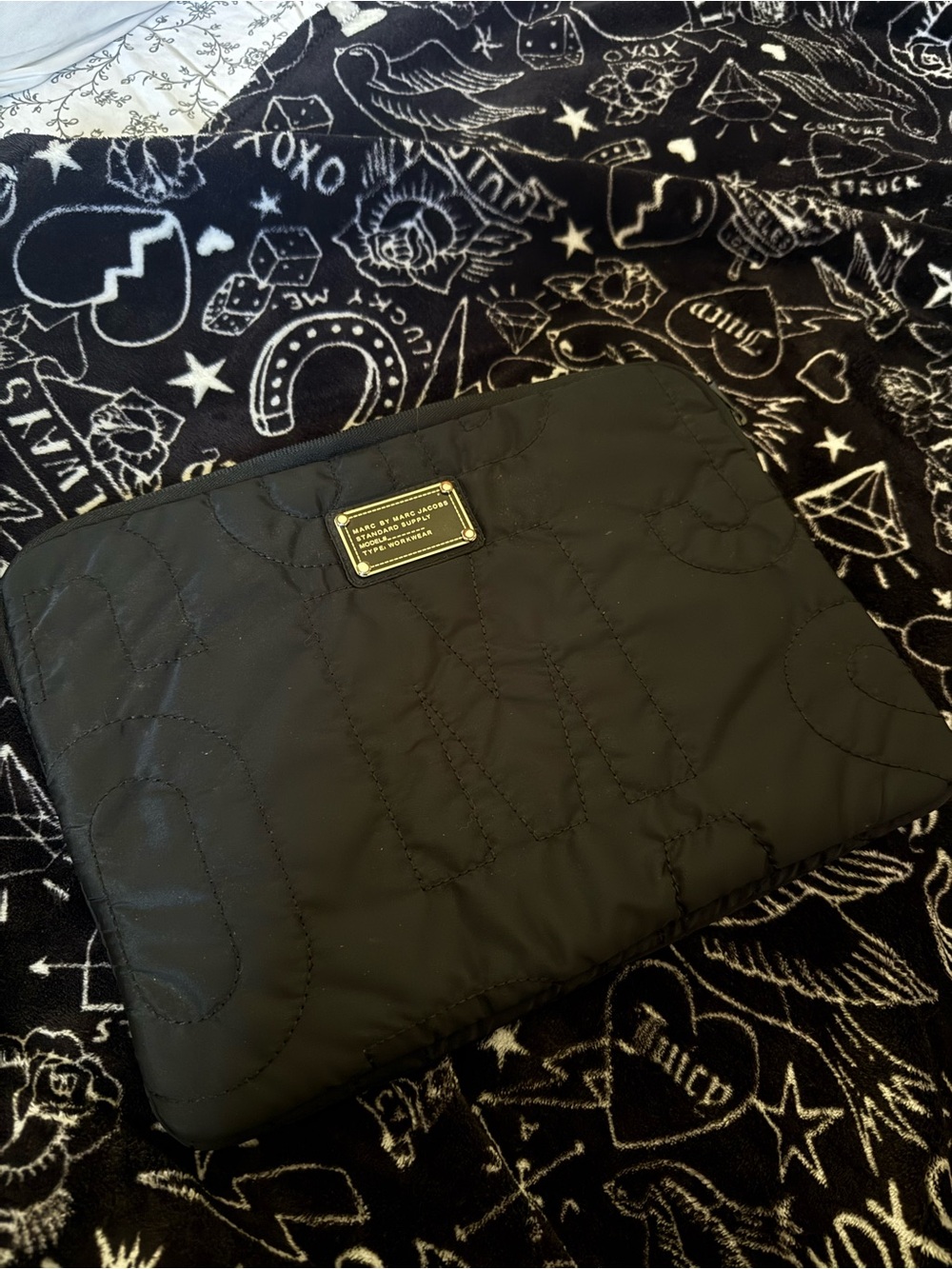 Marc by Marc Jacobs Black Quilted Tech Pouch with Gold Plaque